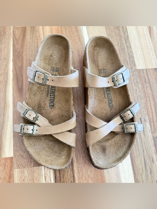 Birkenstock Shoes - Birkenstock Women's Tan Triple-Strap Sandal with Buckles Size 9 (40)